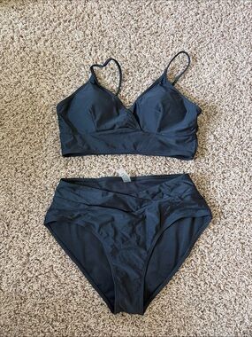 Black Two-Piece Bikini Set - V-Neck Top & High Waist Bottoms